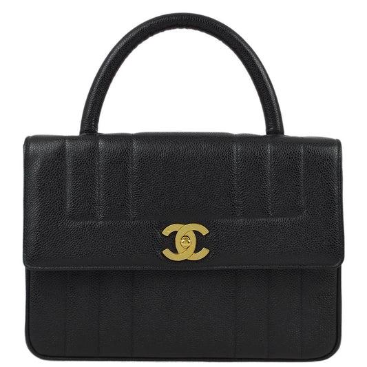 Chanel 1994-1996 Black Caviar Mademoiselle Straight Flap Handbag