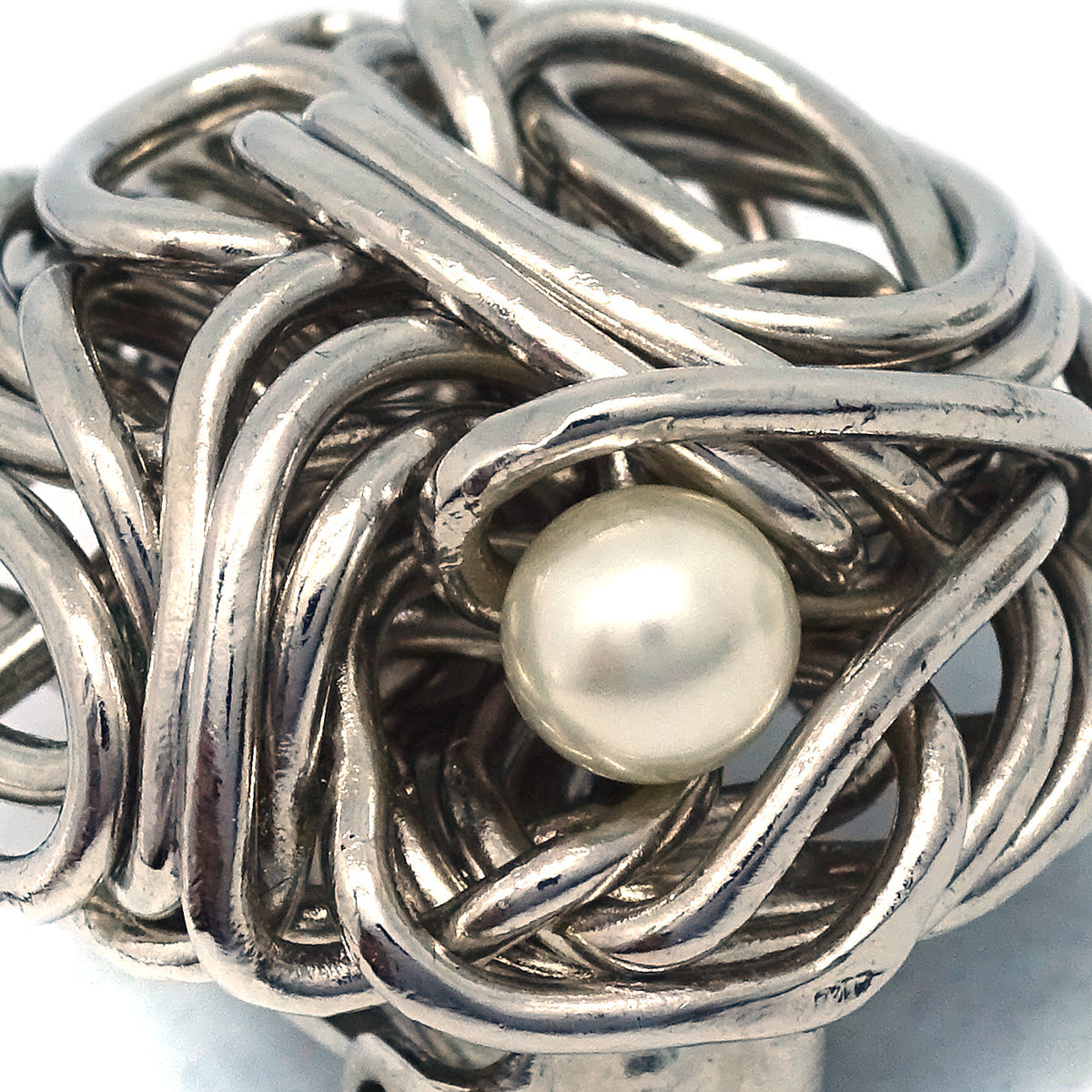 Chanel Button Earrings Clip-On Artificial Pearl Silver 97A