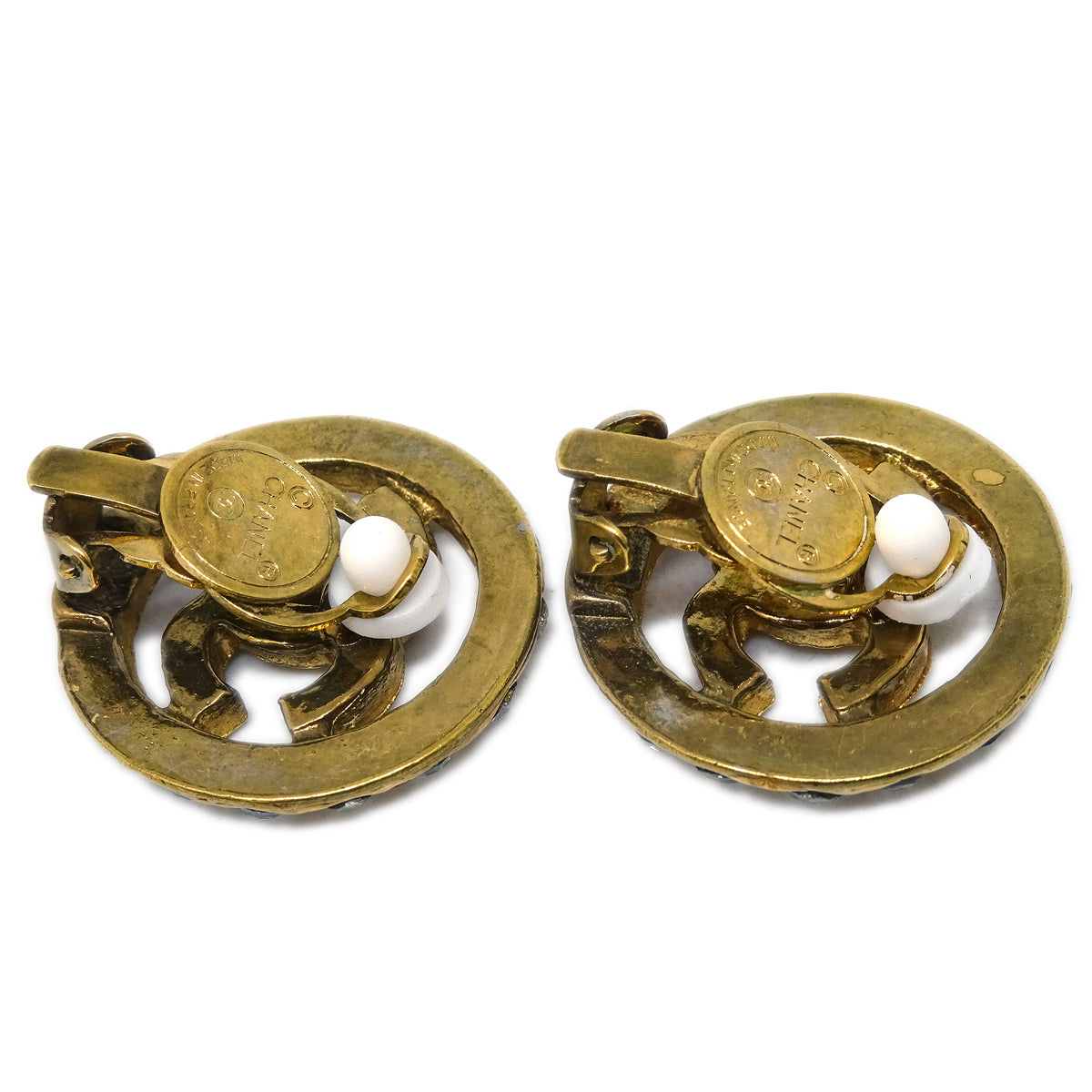 Chanel Gold Button Earrings Clip-On Rhinestone