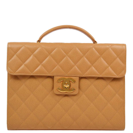 Chanel 1994-1996 Beige Caviar Briefcase Business Handbag