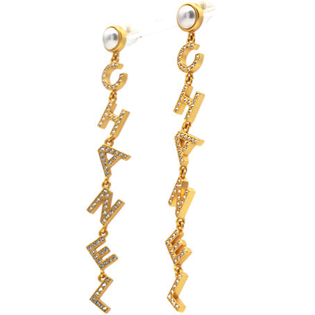 Chanel Crystal Pearl 90’s Icon Drop Letter Earrings Gold