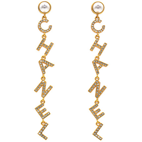 Chanel Crystal Pearl 90’s Icon Drop Letter Earrings Gold