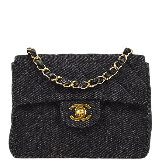 Chanel 2000-2001 Black Denim Mini Classic Square Flap Shoulder Bag 17
