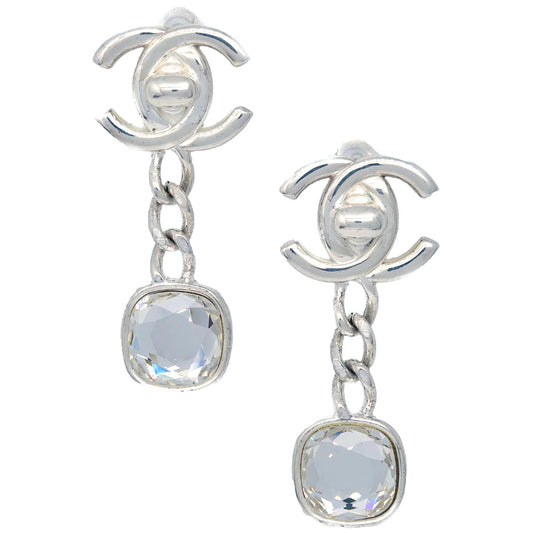 Chanel Dangle Turnlock Earrings Clip-On Silver Rhinestone 97A