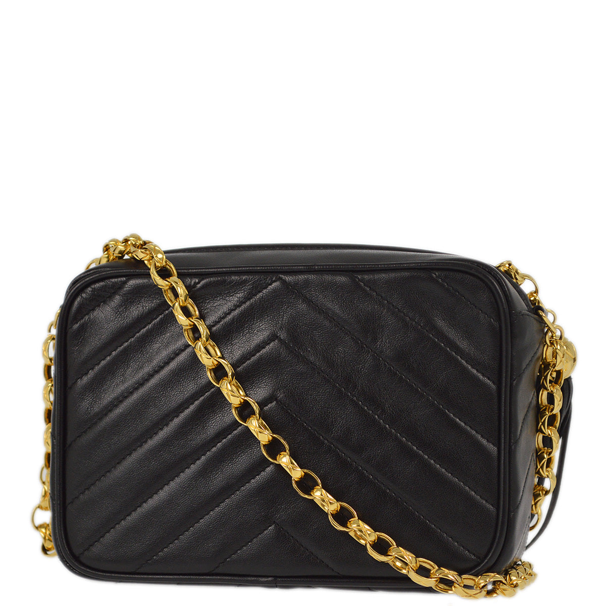Chanel 1991-1994 Black Lambskin Chevron Camera Bag Mini