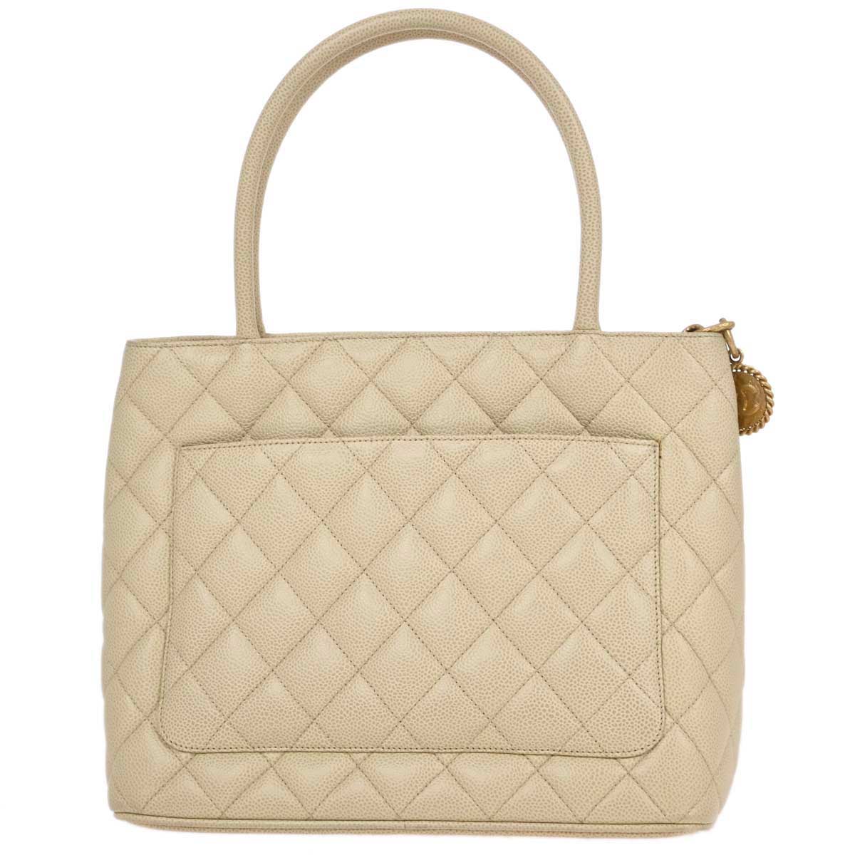 Chanel 2000-2001 Ivory Caviar Medallion Tote Handbag