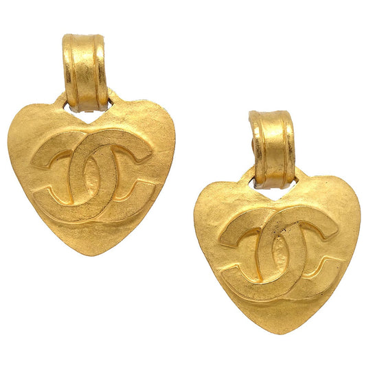 Chanel Dangle Heart Earrings Clip-On Gold 95P