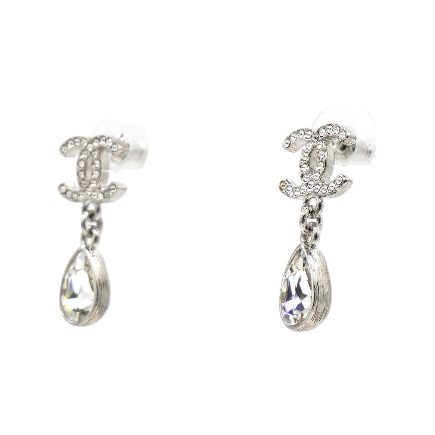 Chanel Crystal CC Teardrop Earrings Silver