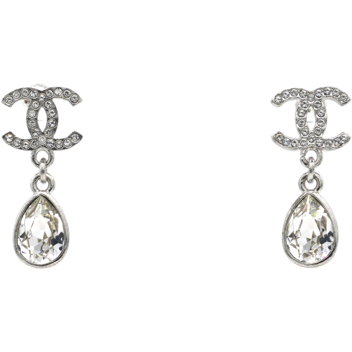 Chanel Crystal CC Teardrop Earrings Silver