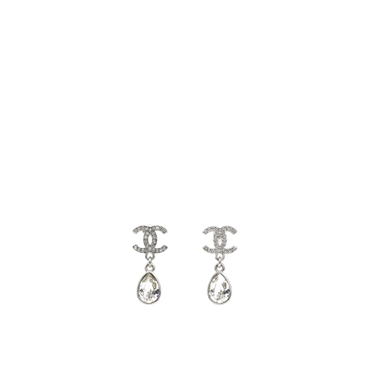 Chanel Crystal CC Teardrop Earrings Silver