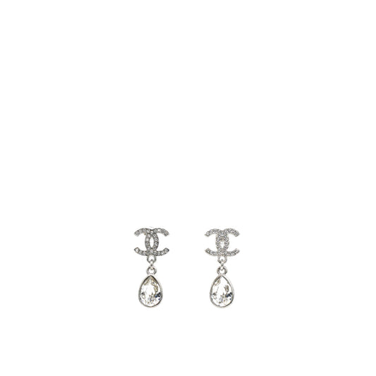 Chanel Crystal CC Teardrop Earrings Silver