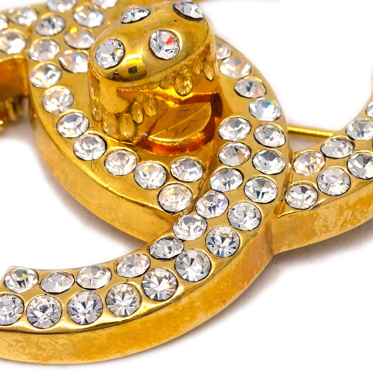 Chanel CC Turnlock Rhinestone Charm Brooch Pin Gold 96A
