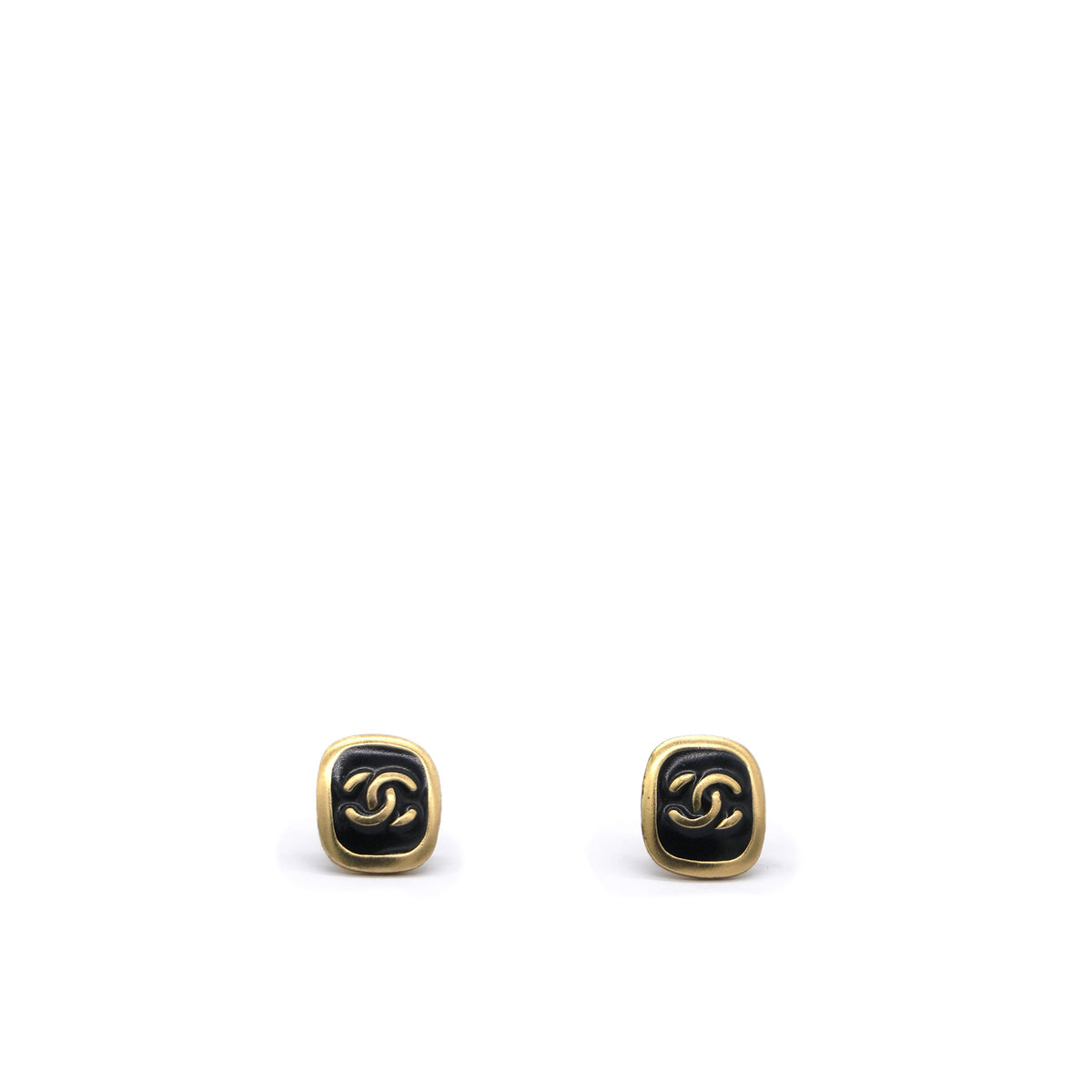 Chanel Vintage CC Gold Logo Black Enamel Square Earrings