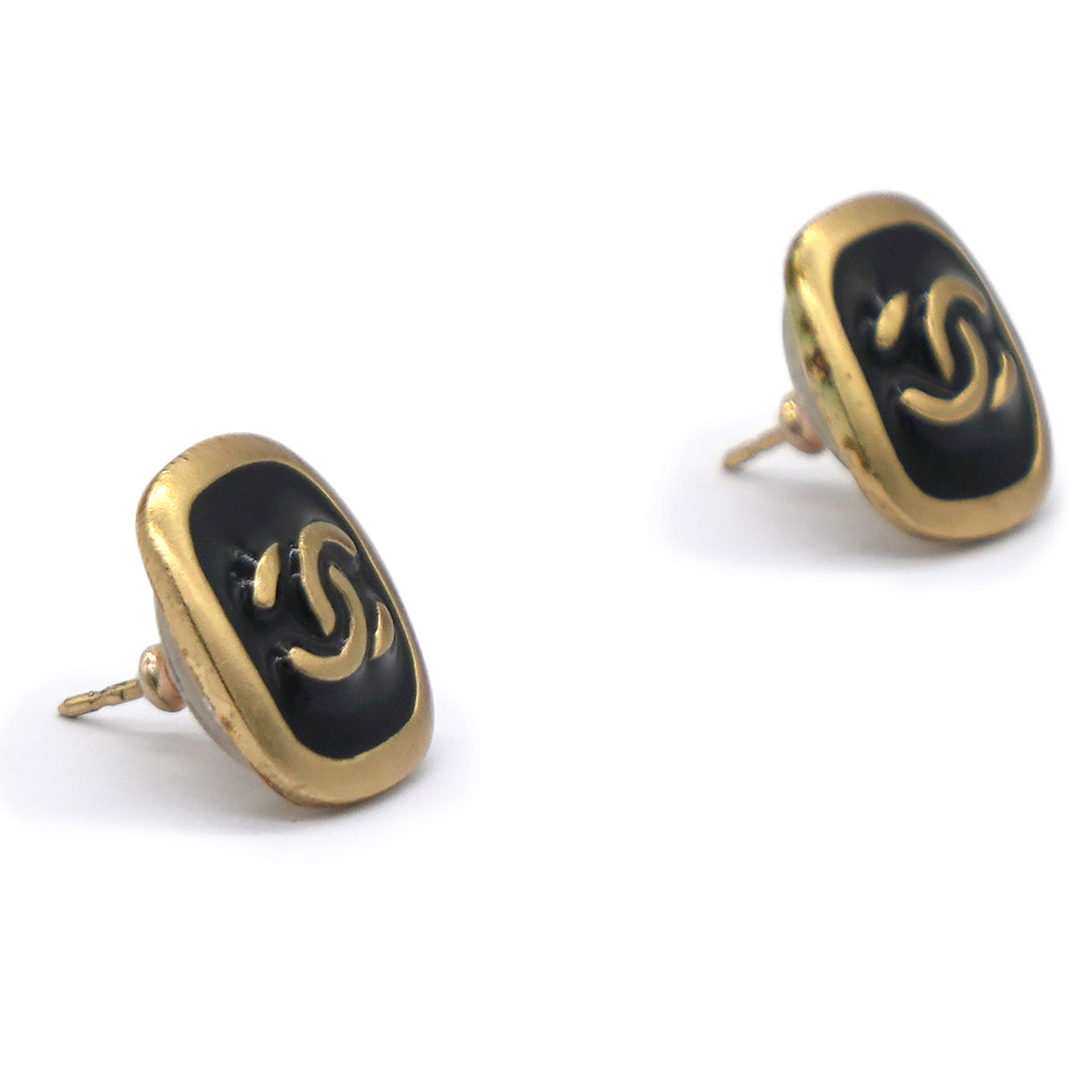 Chanel Vintage CC Gold Logo Black Enamel Square Earrings