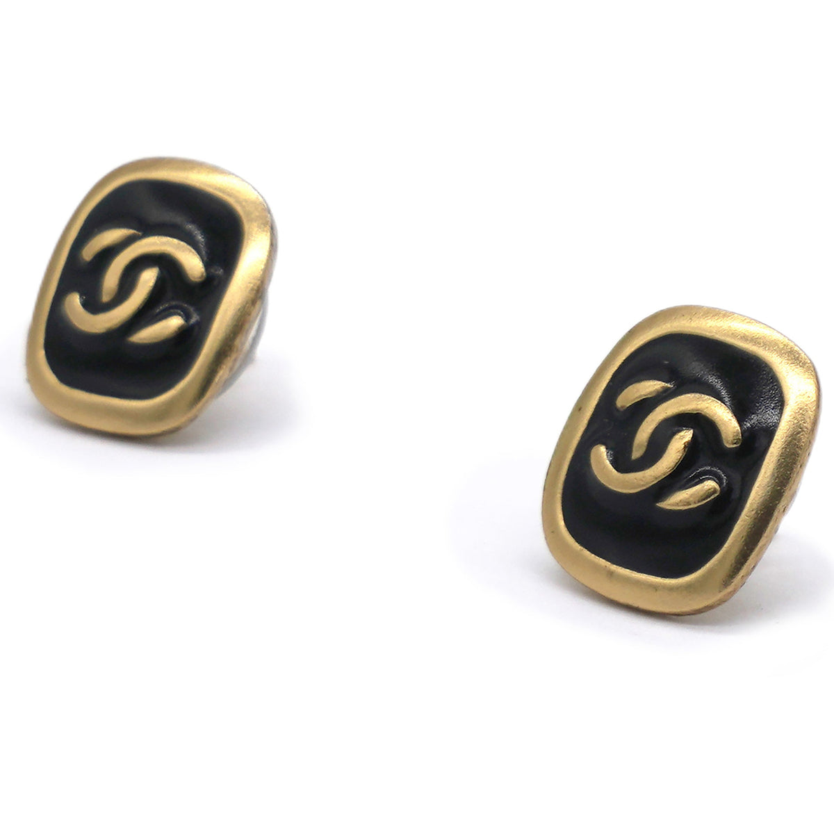 Chanel Vintage CC Gold Logo Black Enamel Square Earrings