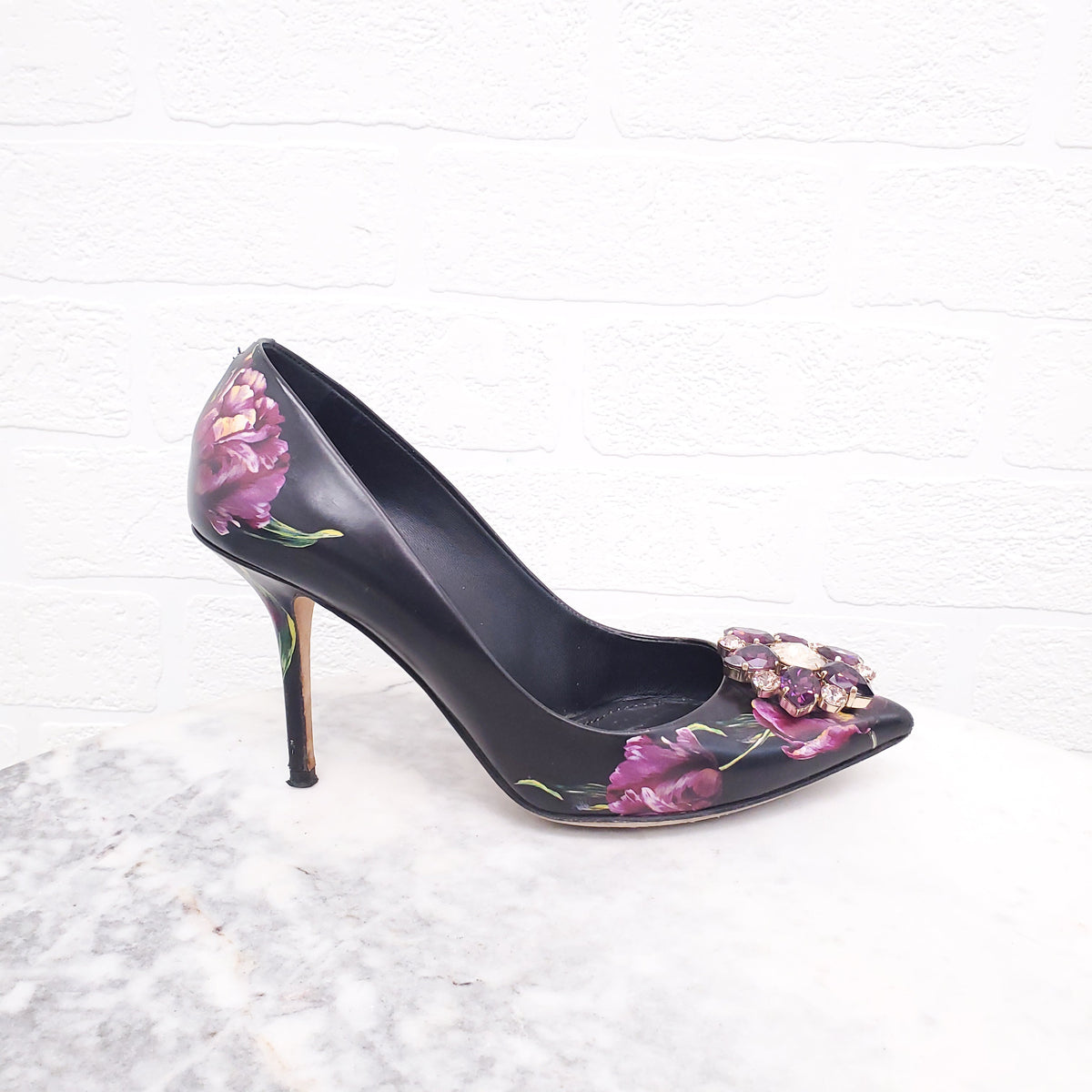 DOLCE & GABBANA FLORAL HEELS WITH CRYSTAL - SIZE 37.5
