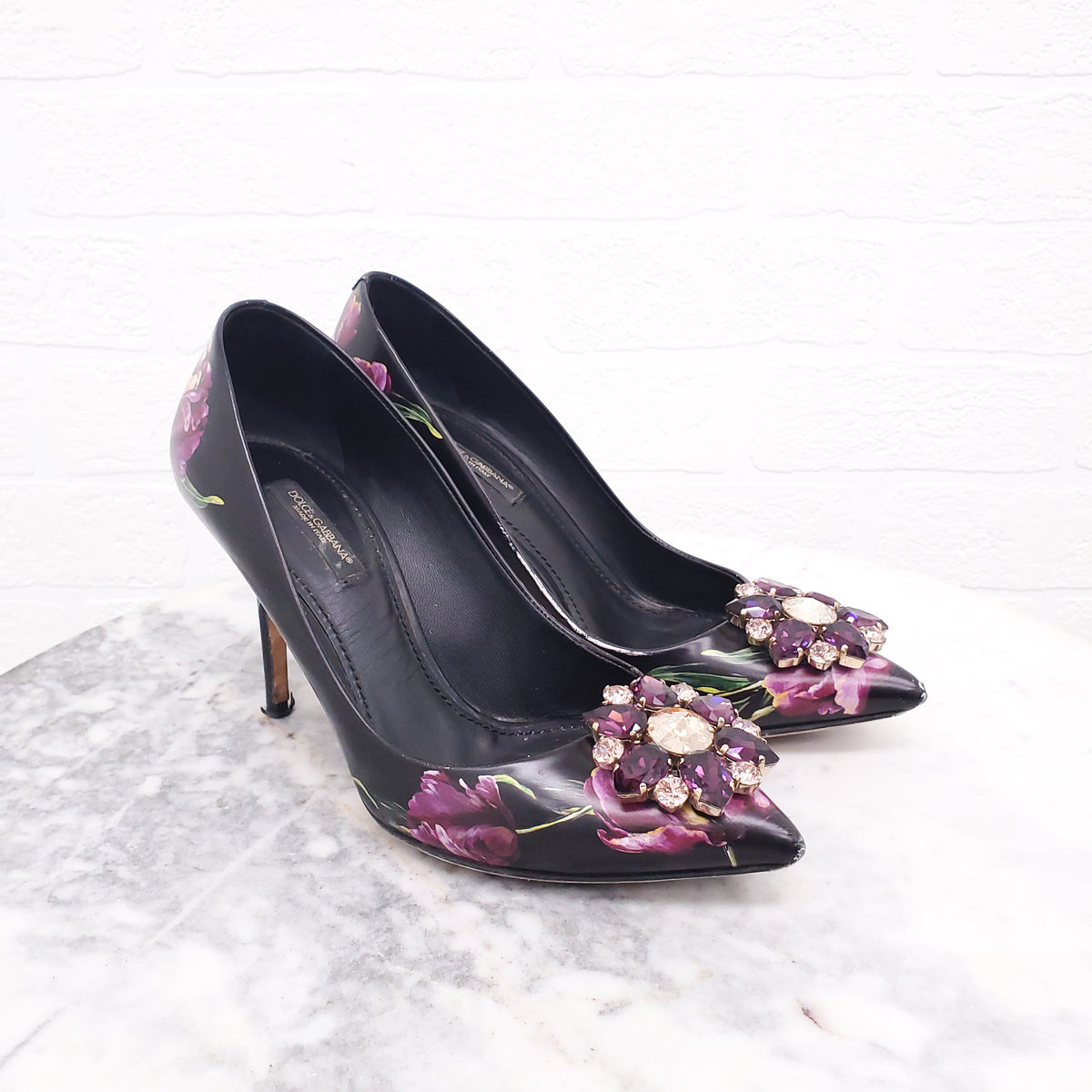 DOLCE & GABBANA FLORAL HEELS WITH CRYSTAL - SIZE 37.5