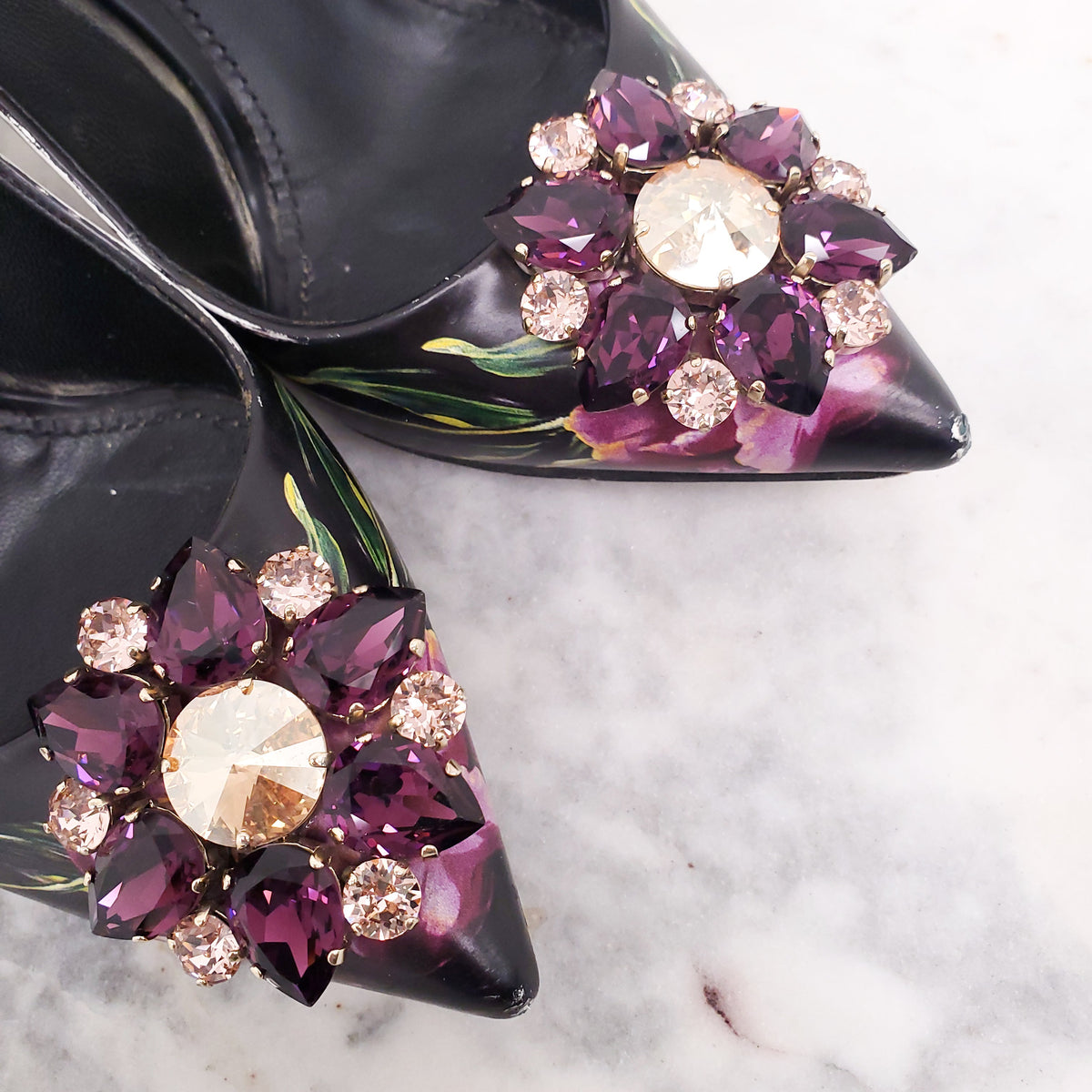 DOLCE & GABBANA FLORAL HEELS WITH CRYSTAL - SIZE 37.5