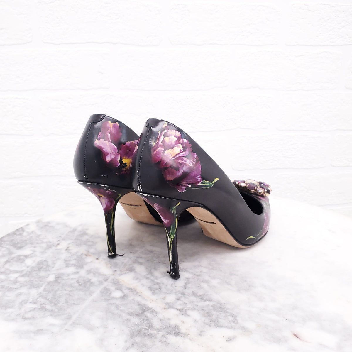 DOLCE & GABBANA FLORAL HEELS WITH CRYSTAL - SIZE 37.5