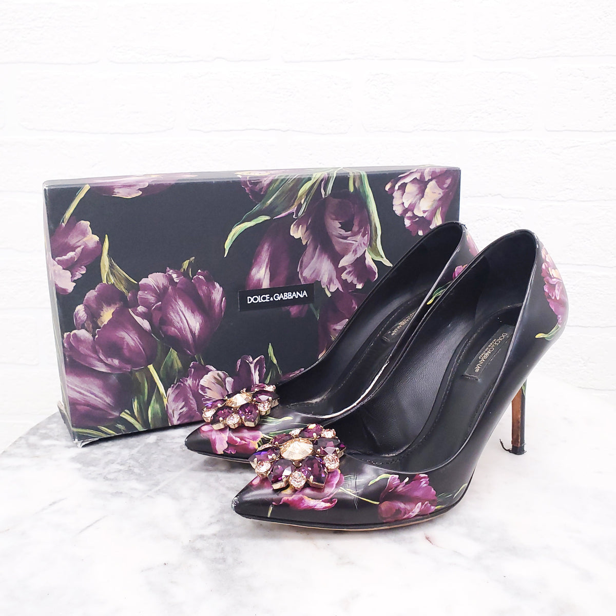 DOLCE & GABBANA FLORAL HEELS WITH CRYSTAL - SIZE 37.5