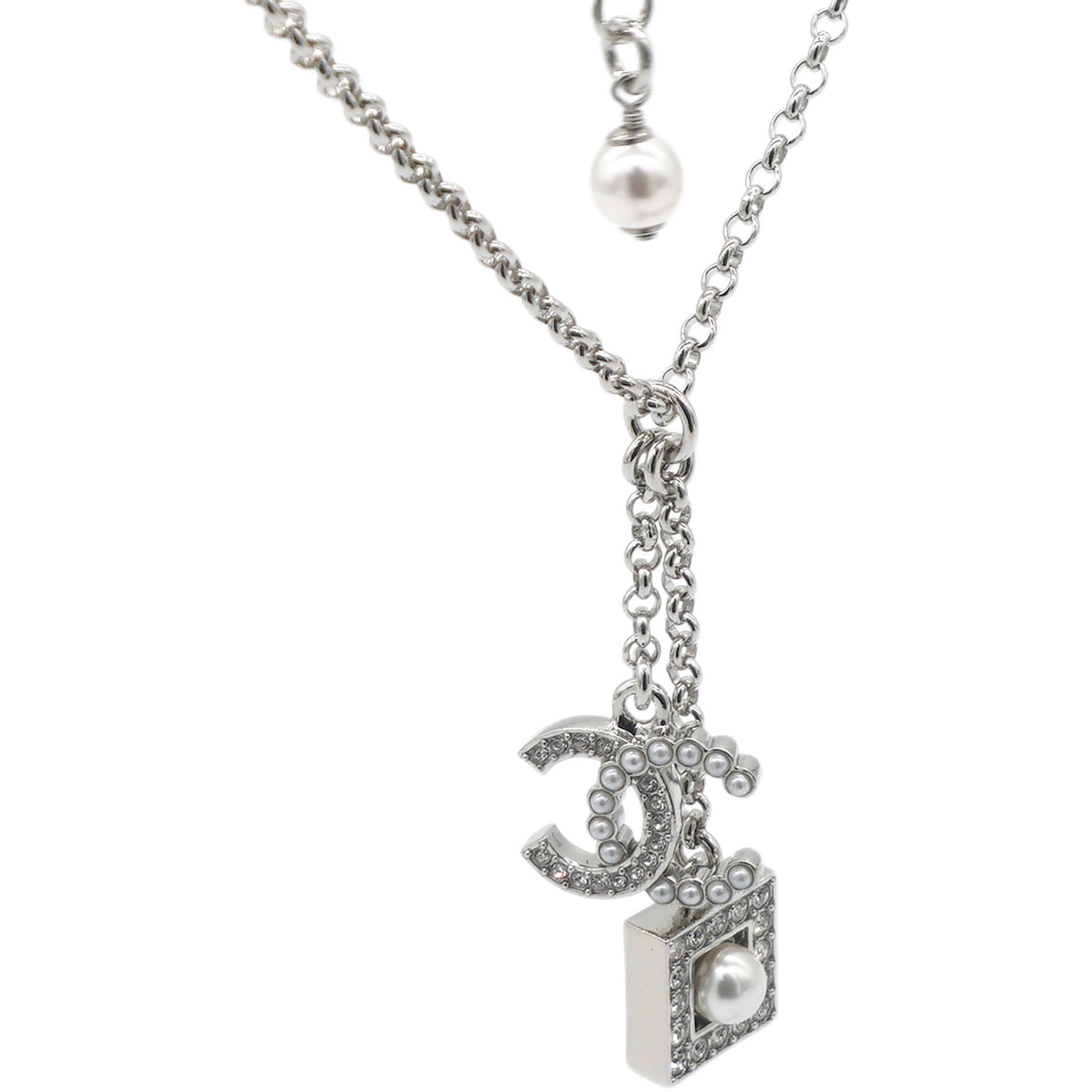 Chanel Pearl Rhinestone CC Logo Square Pendant Silver Pendant Necklace