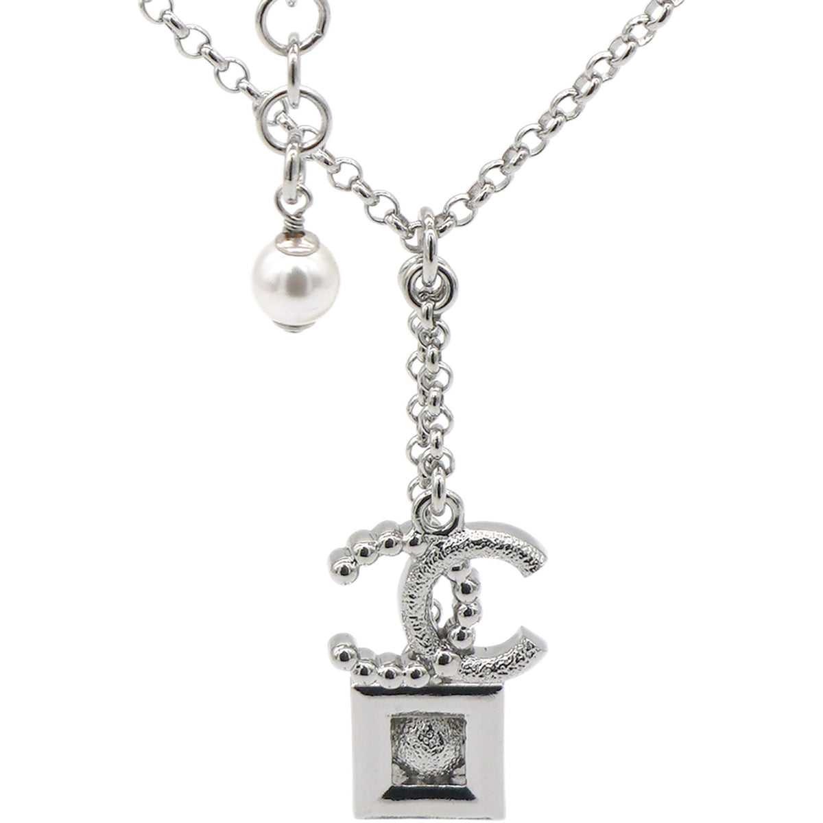 Chanel Pearl Rhinestone CC Logo Square Pendant Silver Pendant Necklace