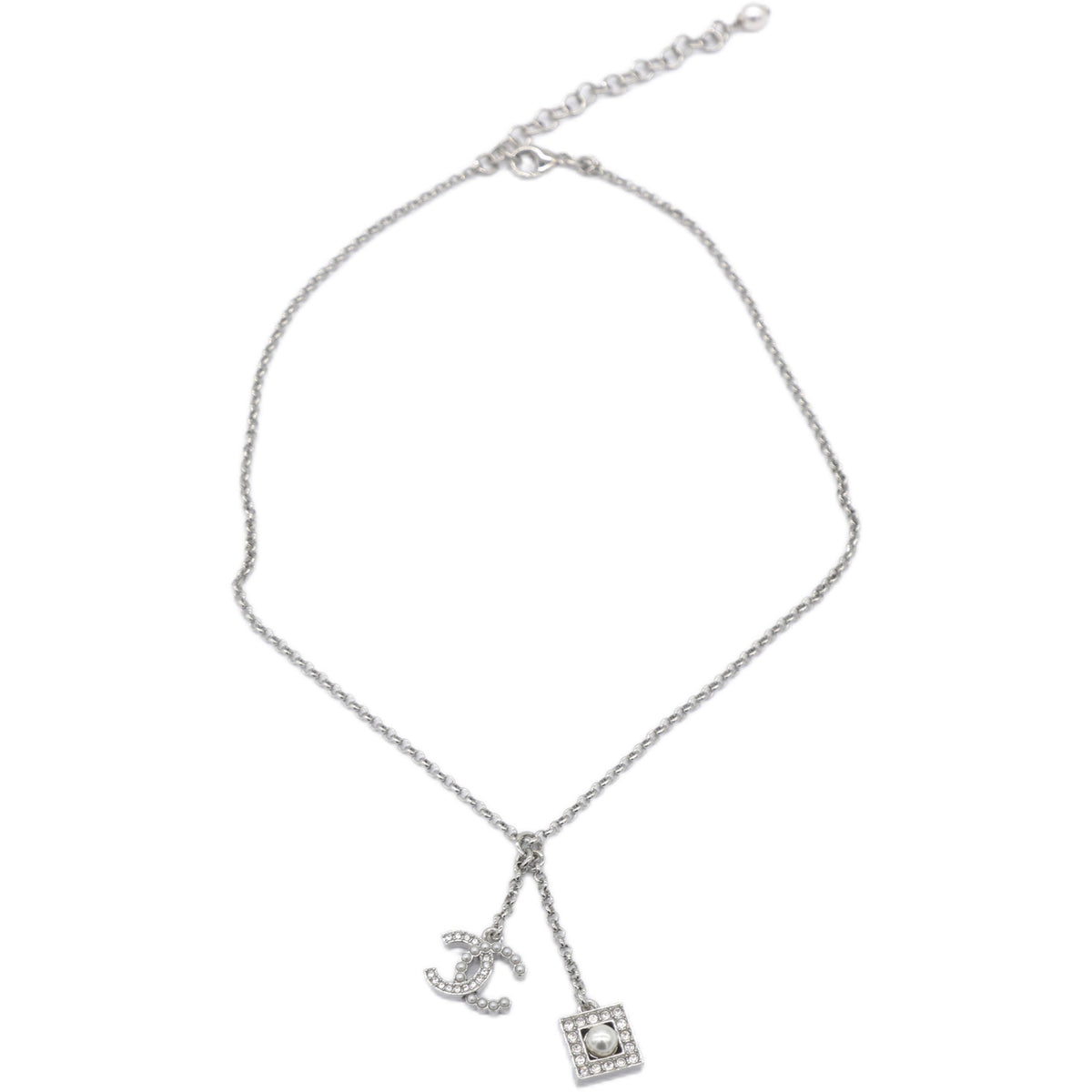 Chanel Pearl Rhinestone CC Logo Square Pendant Silver Pendant Necklace