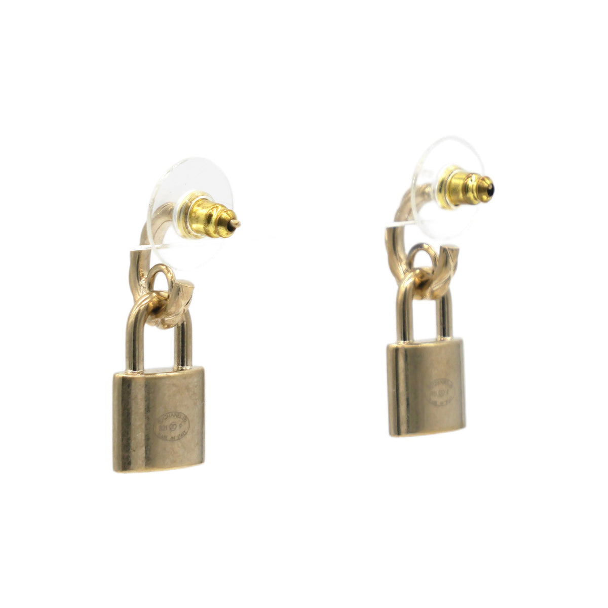 Chanel Metal Lock Drop Earrings Light Gold