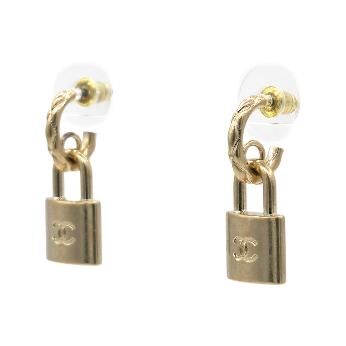 Chanel Metal Lock Drop Earrings Light Gold