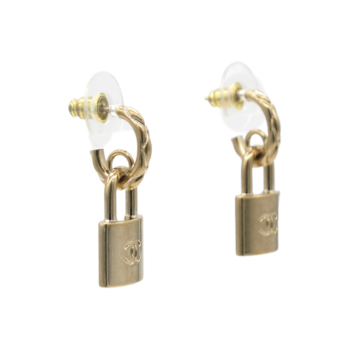 Chanel Metal Lock Drop Earrings Light Gold