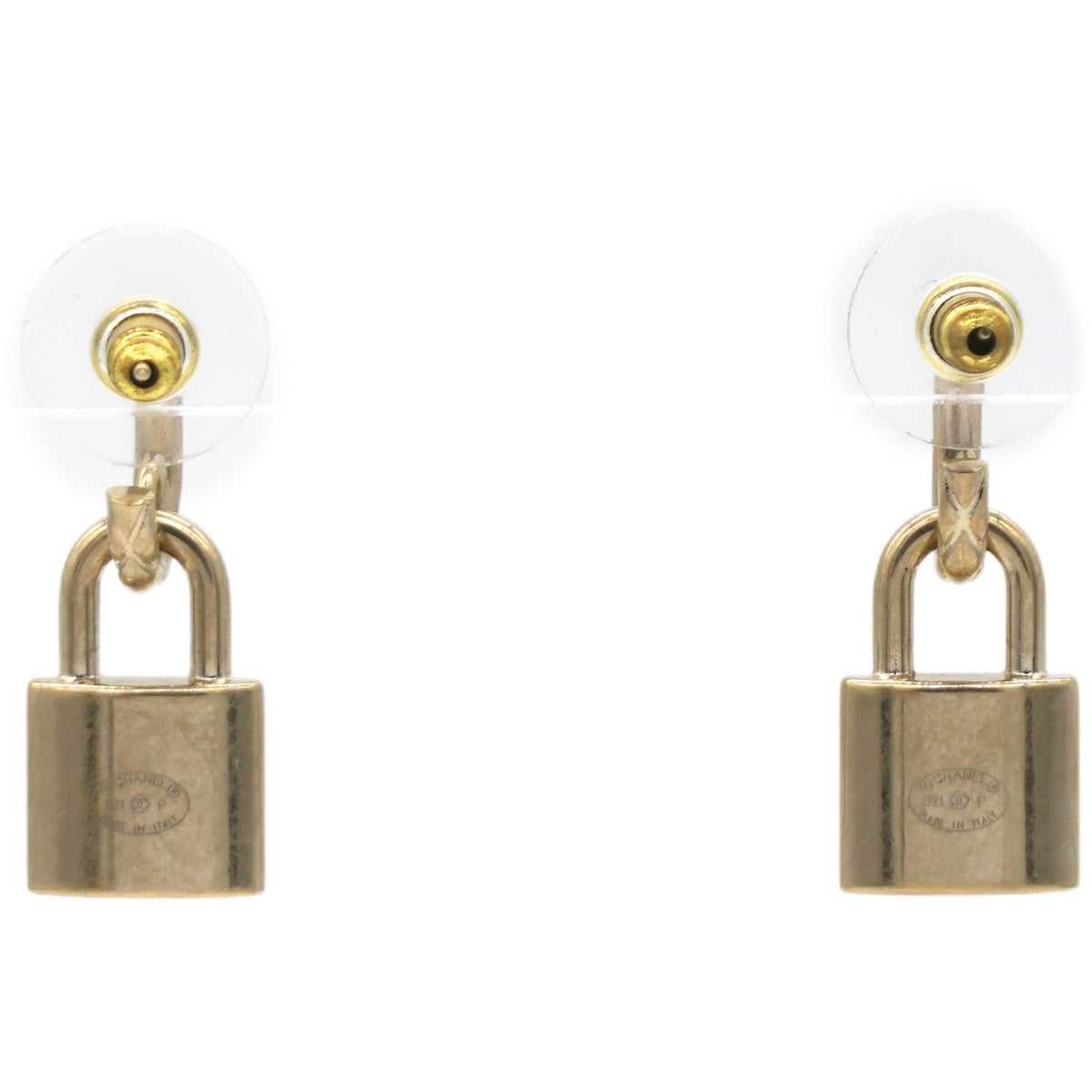 Chanel Metal Lock Drop Earrings Light Gold