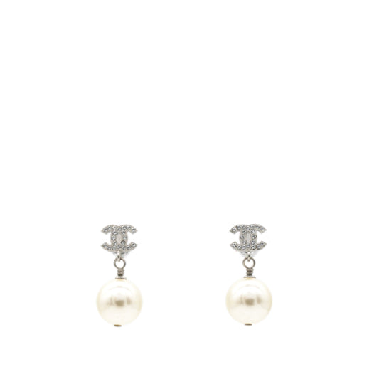 Chanel CC Drop Earrings Crystal Pearl Silver