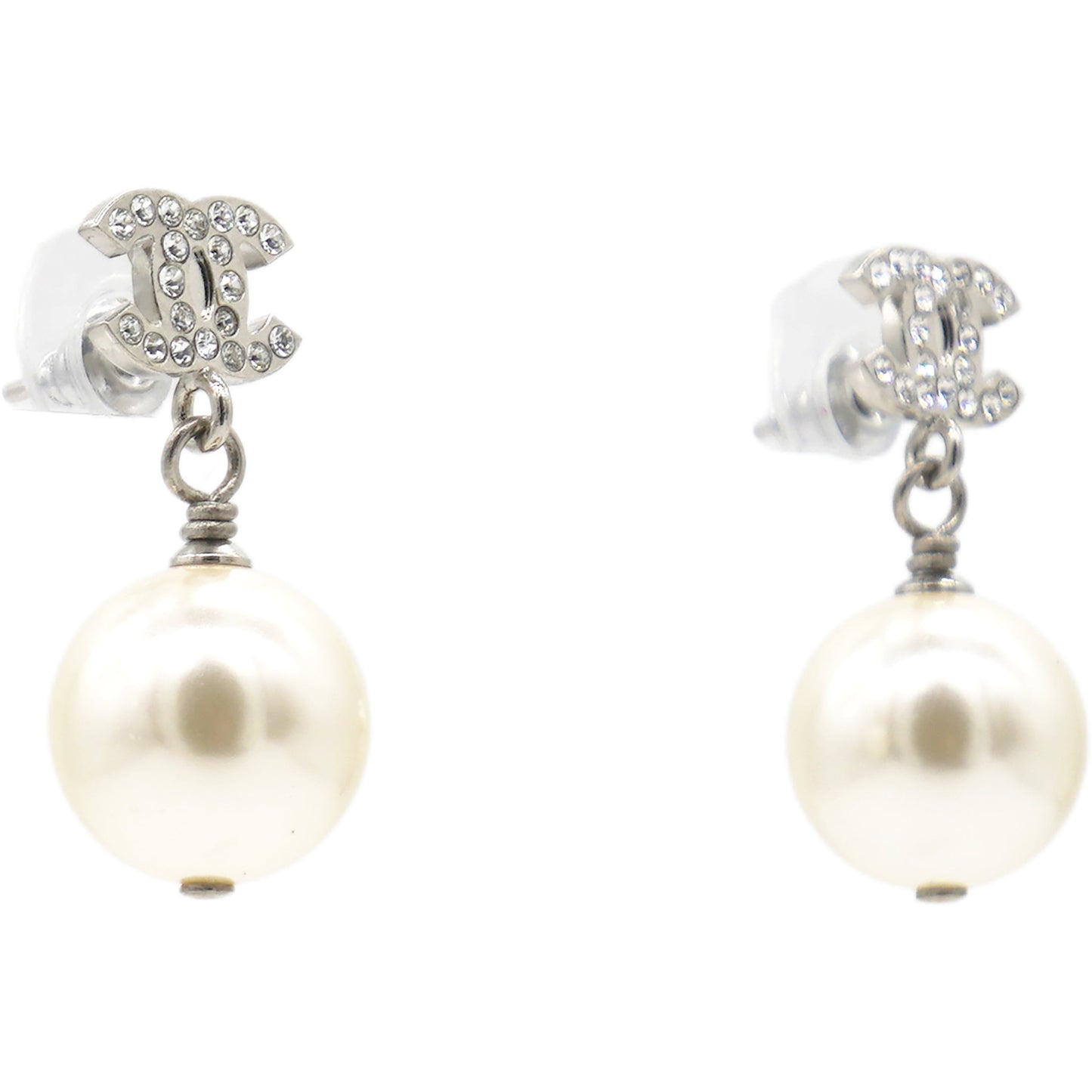 Chanel CC Drop Earrings Crystal Pearl Silver