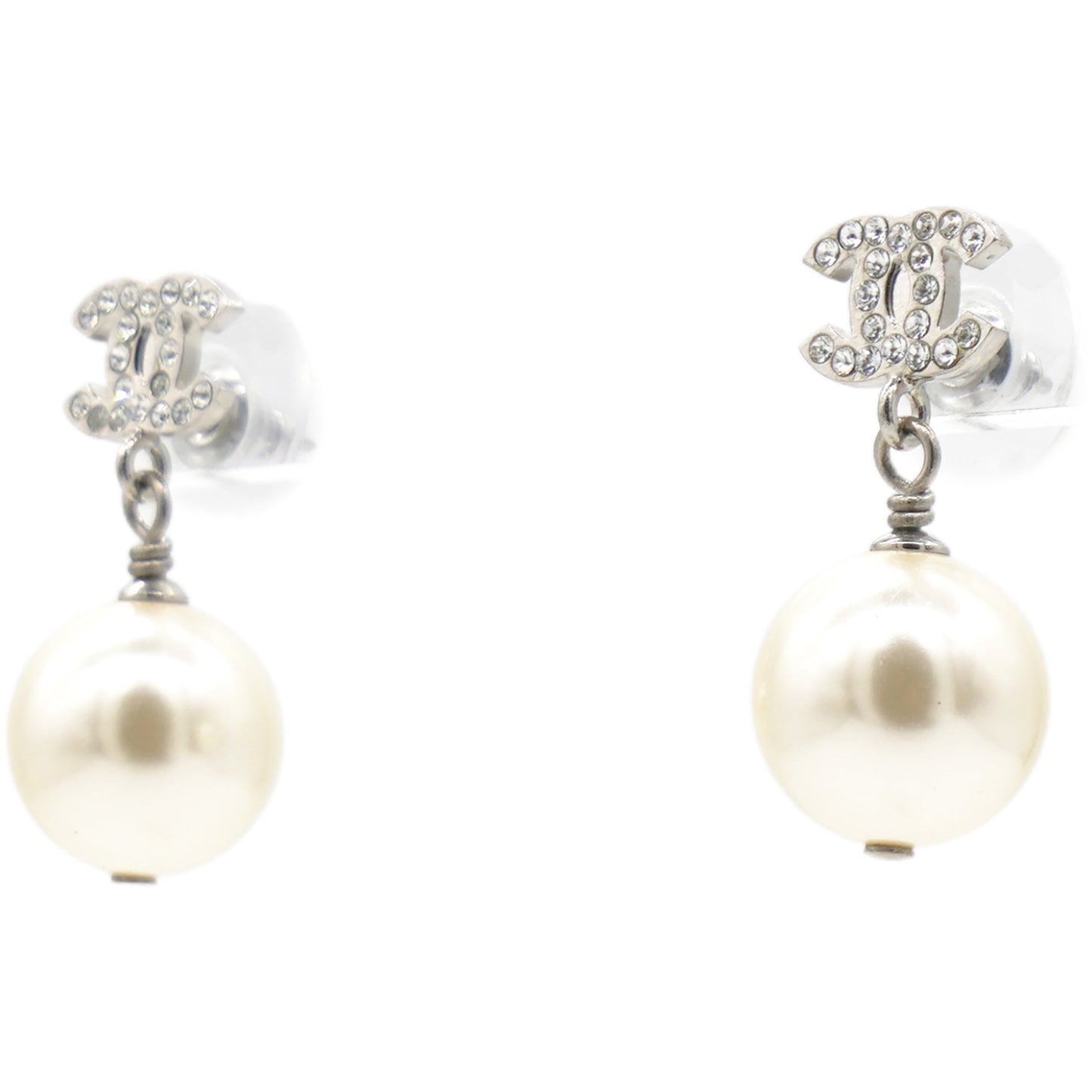 Chanel CC Drop Earrings Crystal Pearl Silver