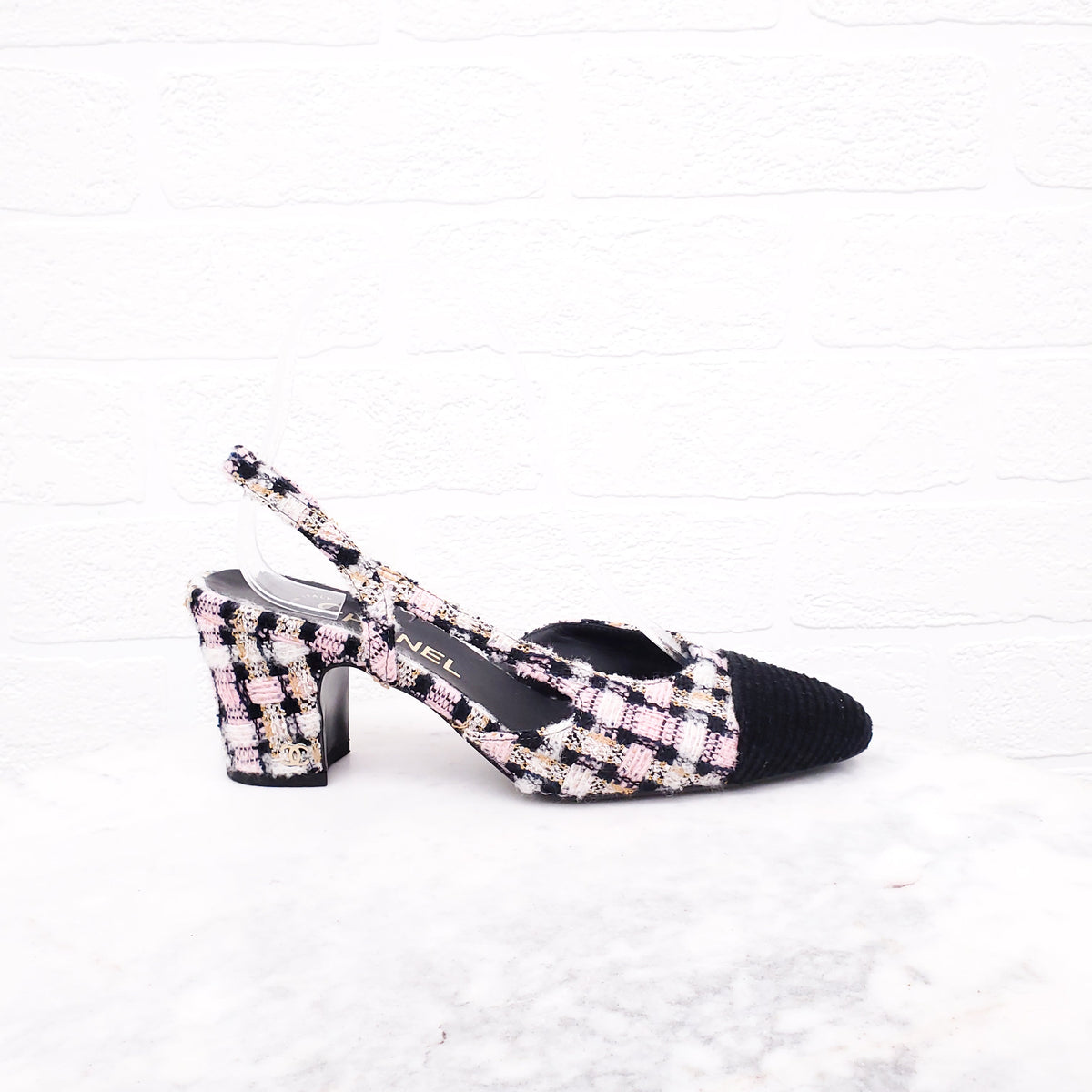 CHANEL TWEED PINK & VELVET KITTEN HEELS - SIZE 36.5
