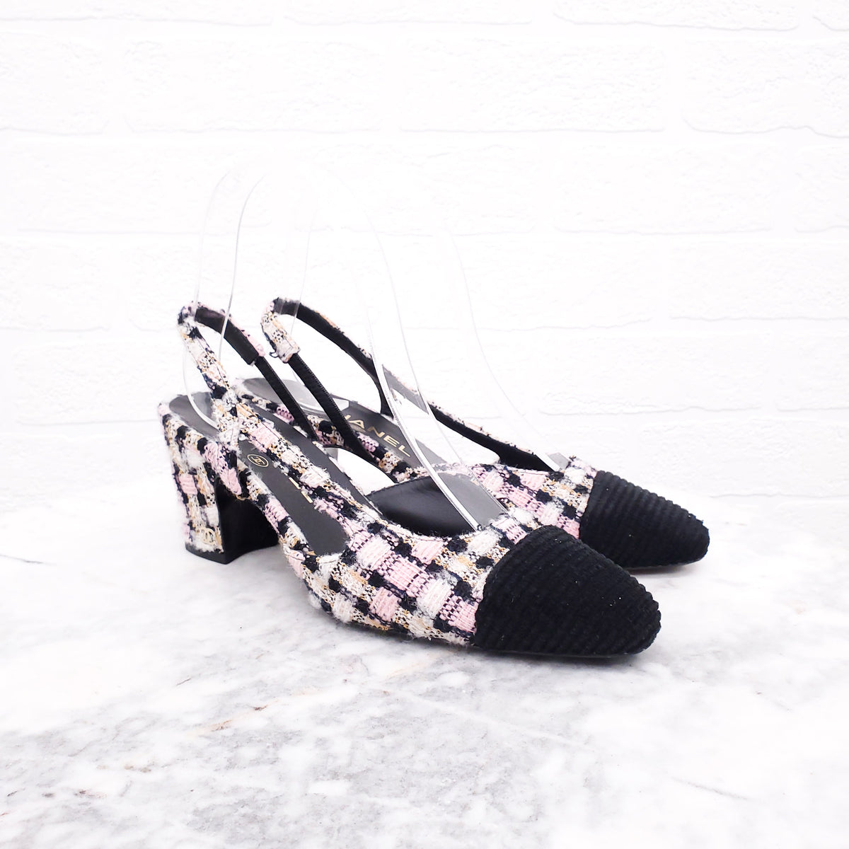 CHANEL TWEED PINK & VELVET KITTEN HEELS - SIZE 36.5