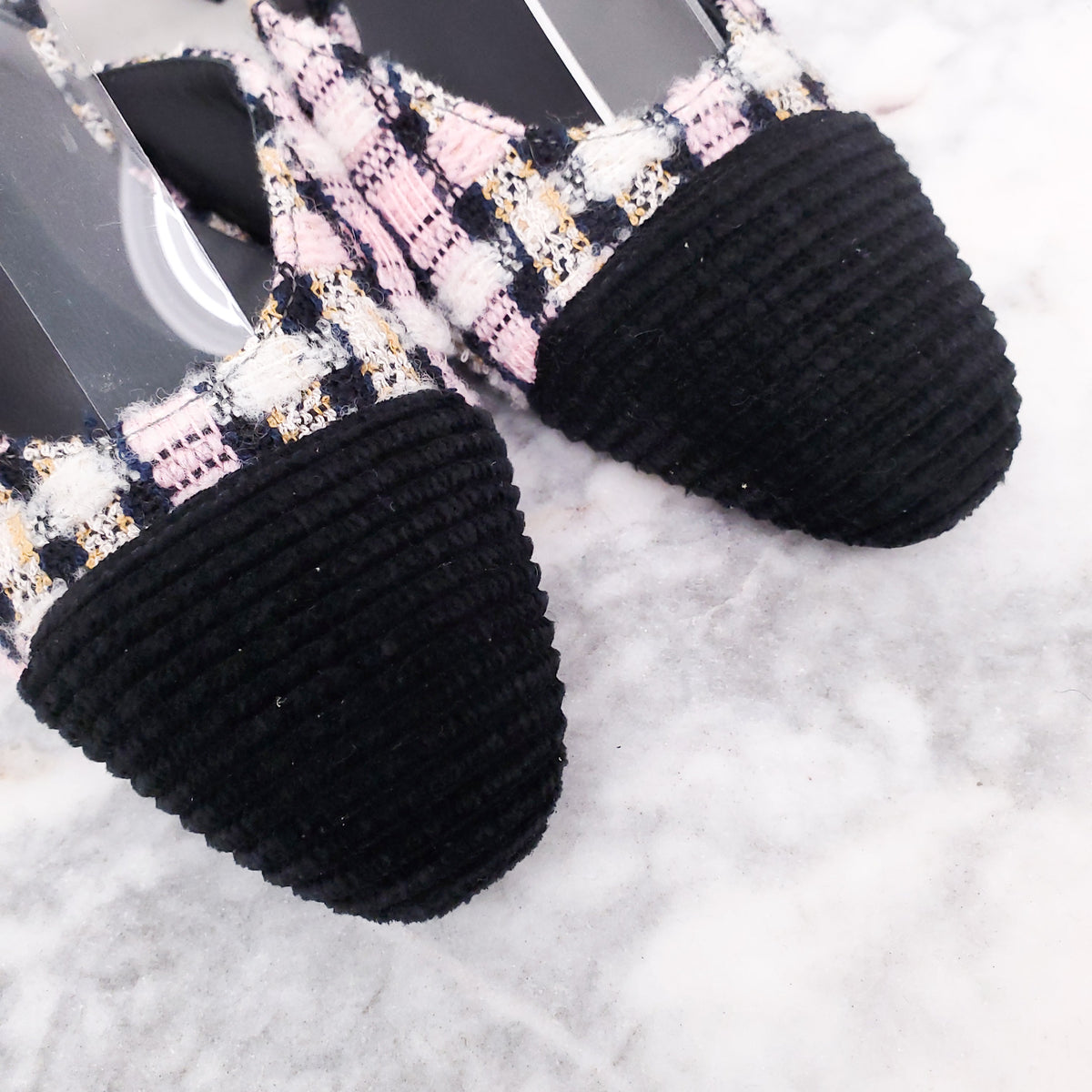 CHANEL TWEED PINK & VELVET KITTEN HEELS - SIZE 36.5