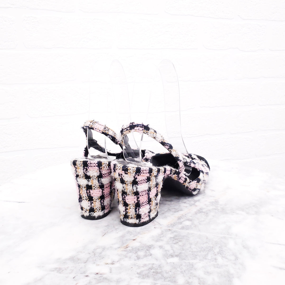 CHANEL TWEED PINK & VELVET KITTEN HEELS - SIZE 36.5
