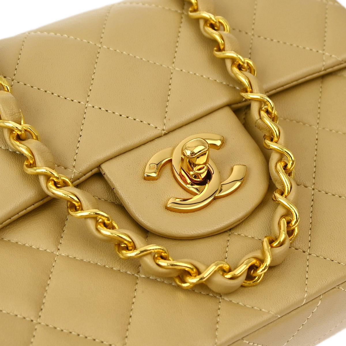 Chanel * Beige Lambskin Mini Square Flap Shoulder Bag 17