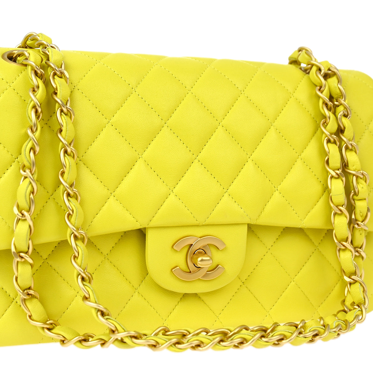 Chanel * Yellow Lambskin Medium Classic Double Flap Shoulder Bag