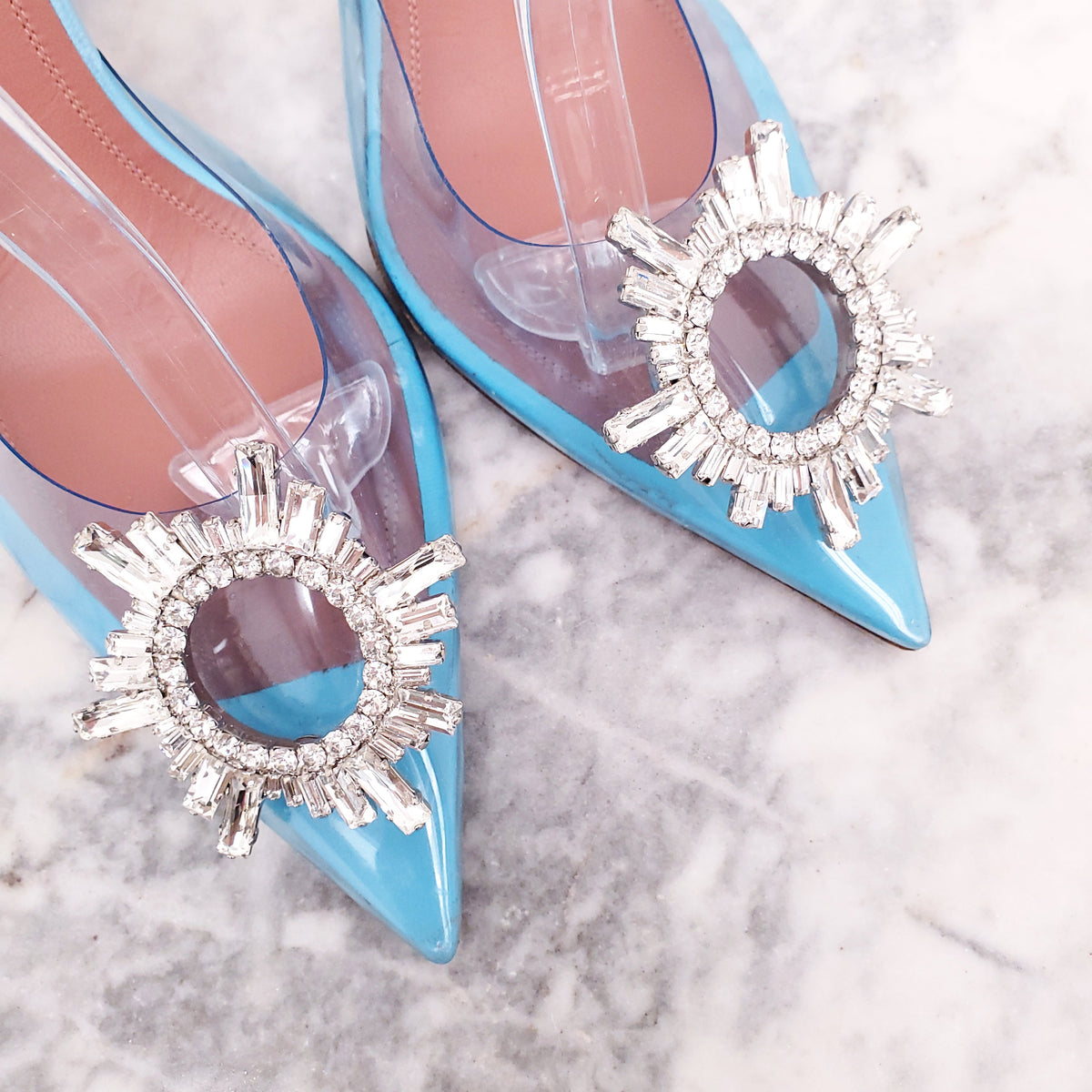 AMINA MUADDI CRYSTAL BLUE PVC HEELS - SIZE 40