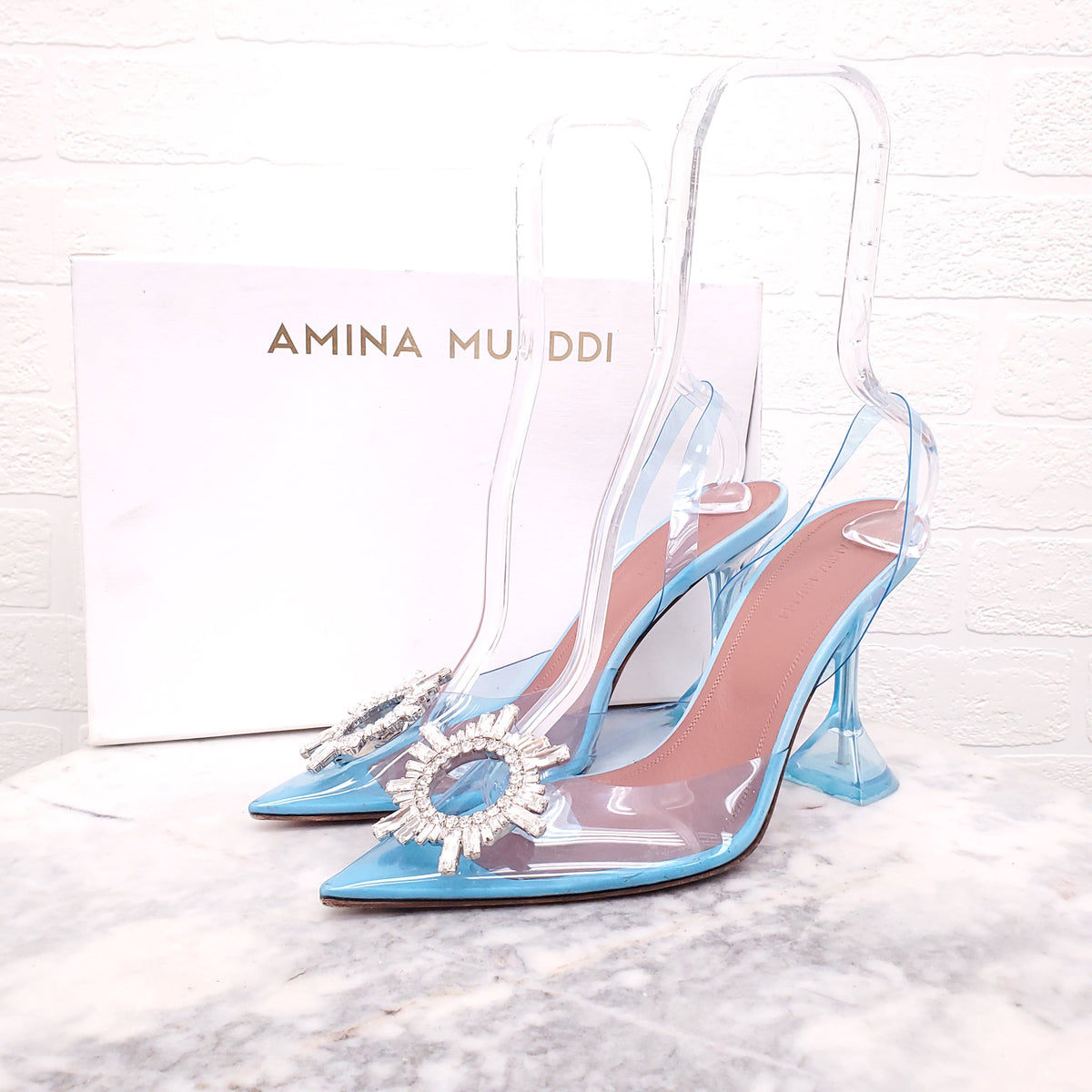 AMINA MUADDI CRYSTAL BLUE PVC HEELS - SIZE 40