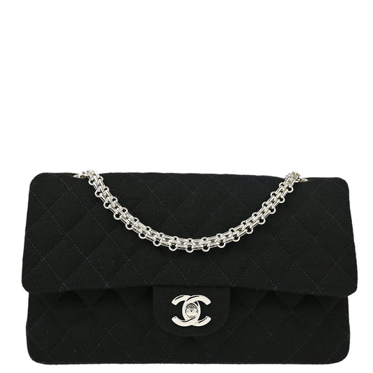 Chanel 1997-1999 Black Cotton Medium Classic Double Flap Shoulder Bag