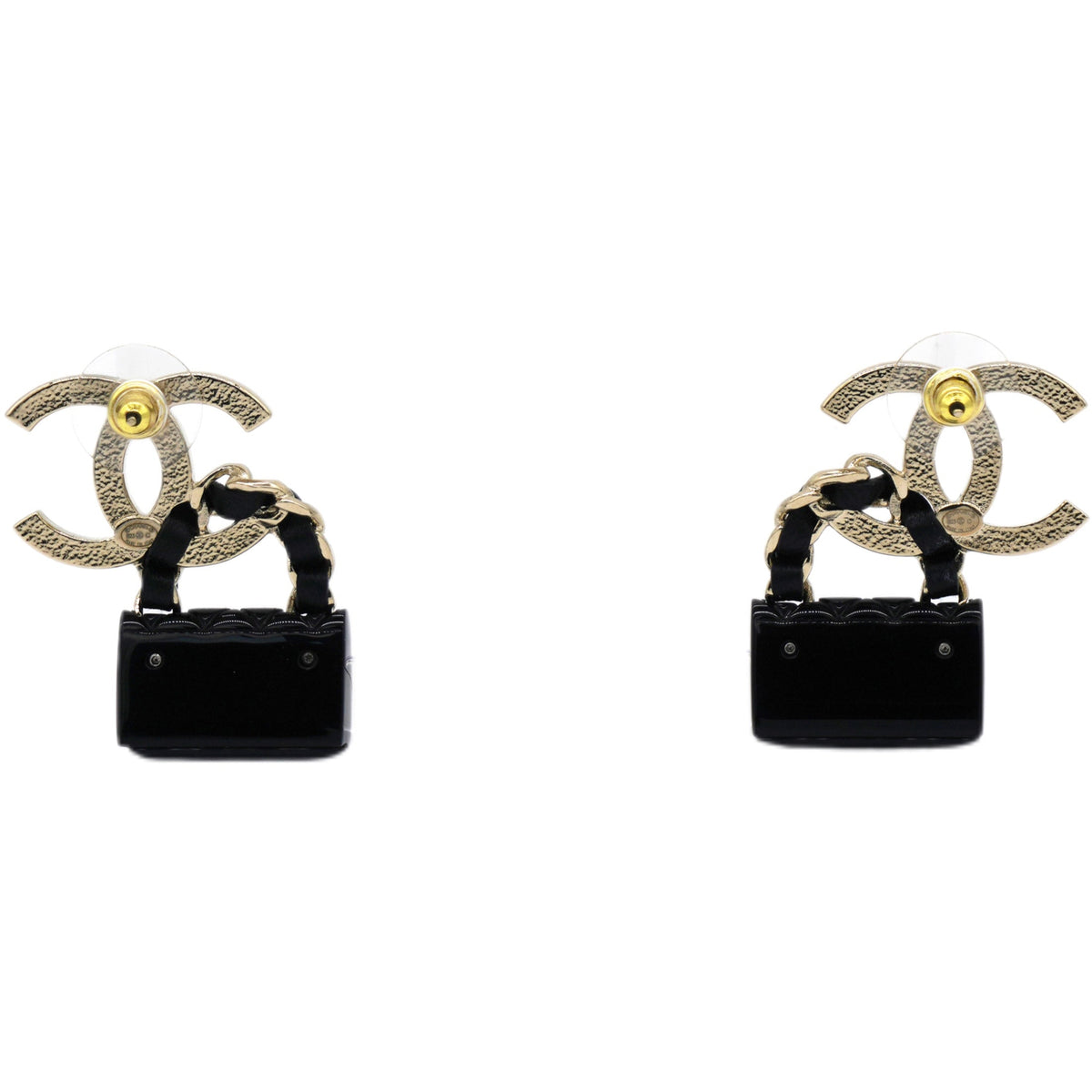 Chanel Metal Resin Lambskin Quilted CC Turnlock Chain Flap Bag Earrings Black Gold