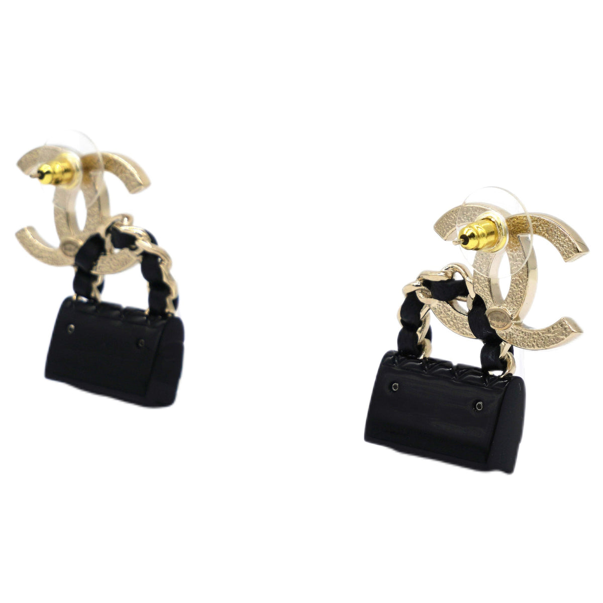 Chanel Metal Resin Lambskin Quilted CC Turnlock Chain Flap Bag Earrings Black Gold