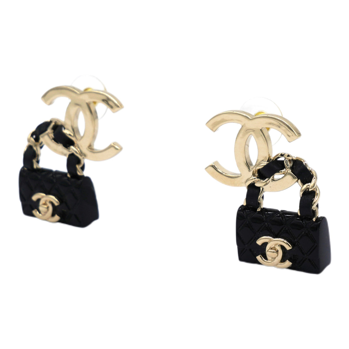 Chanel Metal Resin Lambskin Quilted CC Turnlock Chain Flap Bag Earrings Black Gold