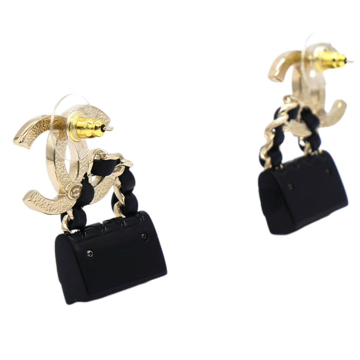 Chanel Metal Resin Lambskin Quilted CC Turnlock Chain Flap Bag Earrings Black Gold