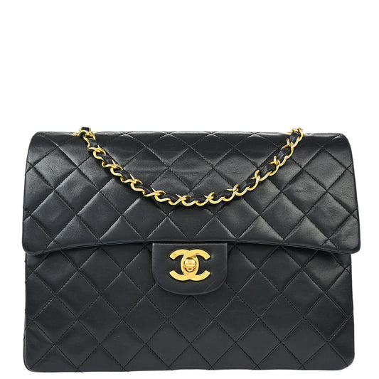 Chanel 1989-1991 Black Lambskin Medium Classic Double Flap Shoulder Bag