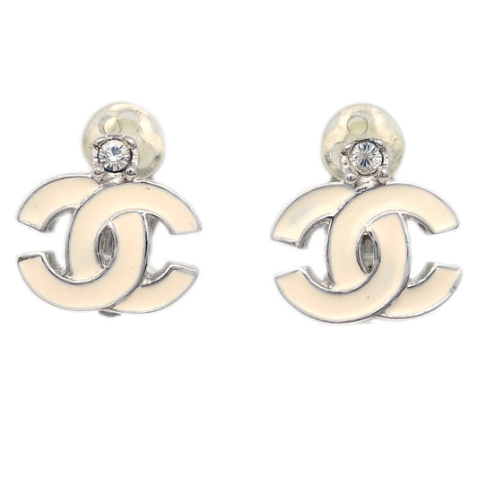 Chanel Earrings Clip-On White Silver 05P