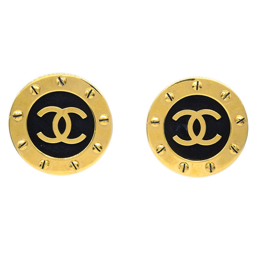 Chanel Button Earrings Clip-On Black Gold 93P